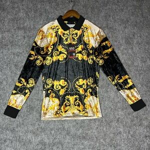 Suslo Couture Baroque-Print Polo Top in Black & Gold Shirt Men’s Size Small